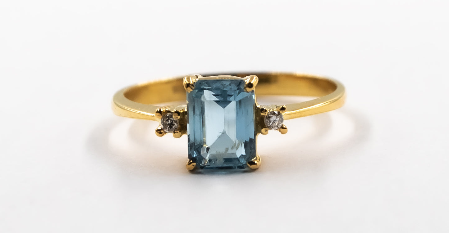 Aquamarine With Diamond Step Cut Gold Ring