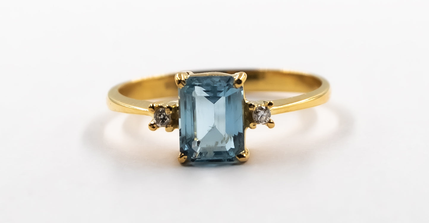 Aquamarine With Diamond  Step Cut Gold Ring